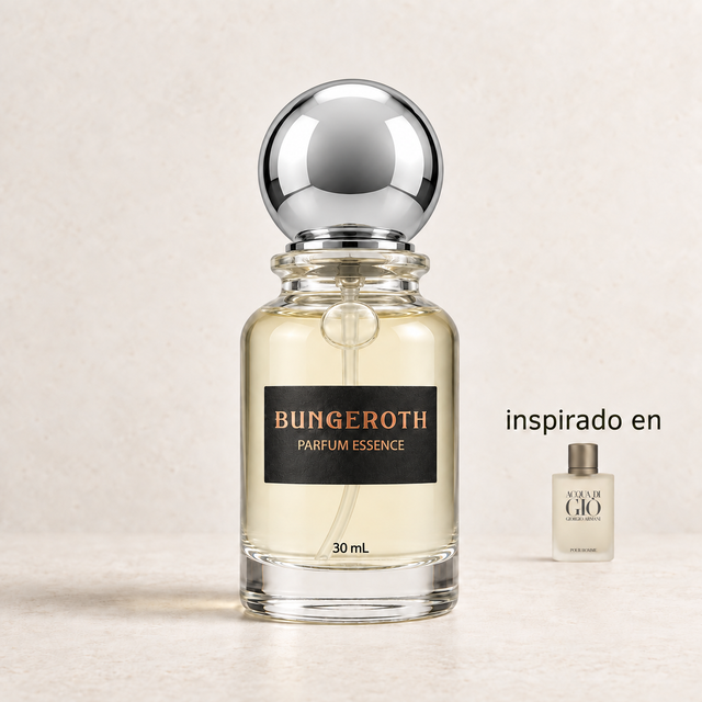 Brisa Eterna (Inspirado en Acqua di Giò) — envase Bungeroth 30 mL sobre piedra clara