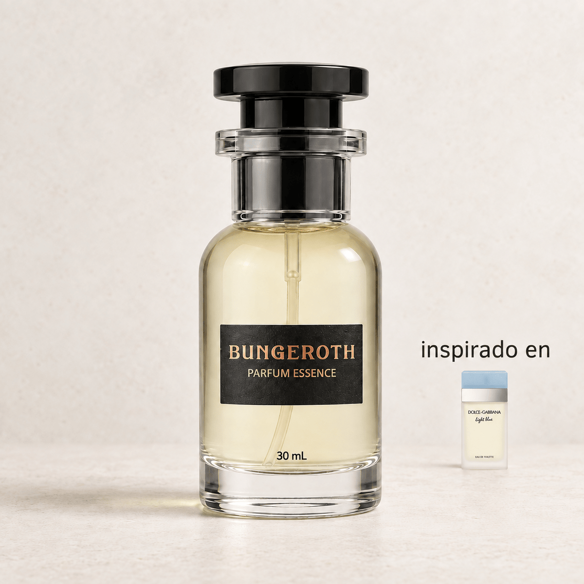 Brisa Mediterránea(Inspirado en Dolce Gabbana Light Blue Dama) — envase Bungeroth 30 mL sobre piedra clara