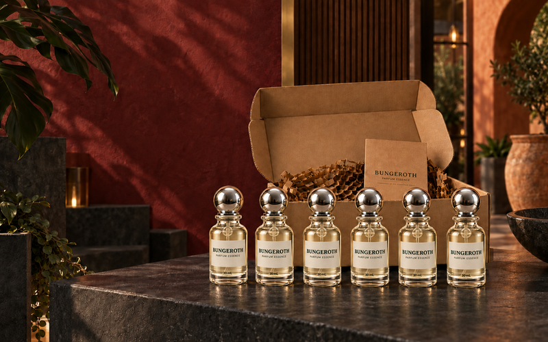 Pack Bungeroth: seis frascos de 30 mL con tapa esférica plateada y caja