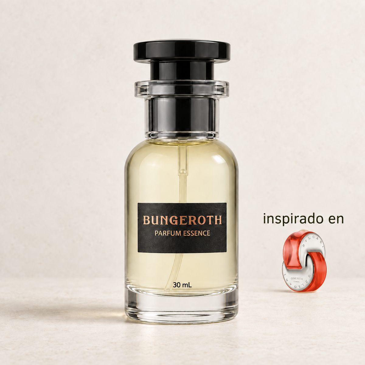 Arrecife de Coral(Inspirado en Bvlgari Omnia Coral Dama) — envase Bungeroth 30 mL sobre piedra clara