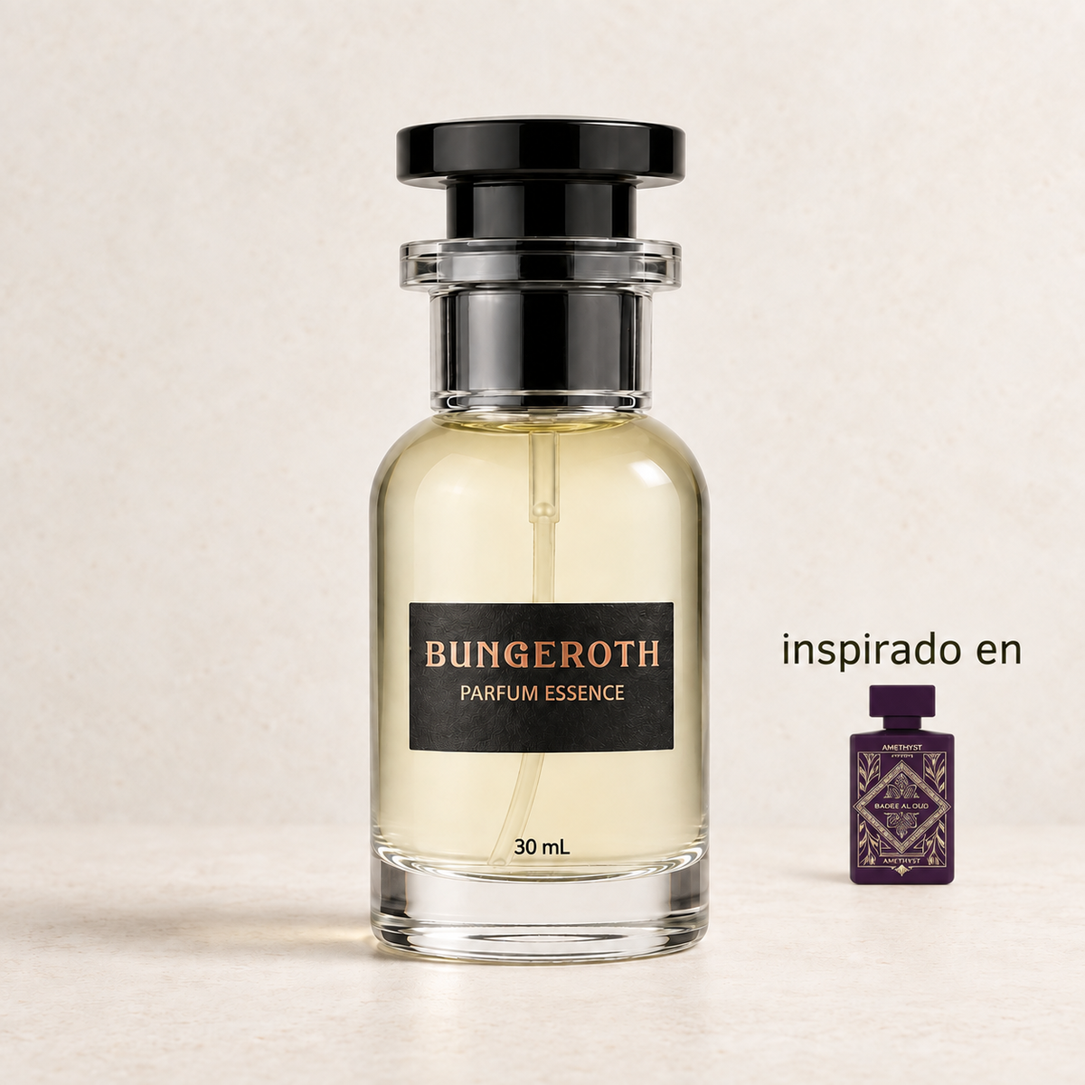 Amatista Misteriosa(Inspirado en Lattafa Amethyste Unisex) — envase Bungeroth 30 mL sobre piedra clara