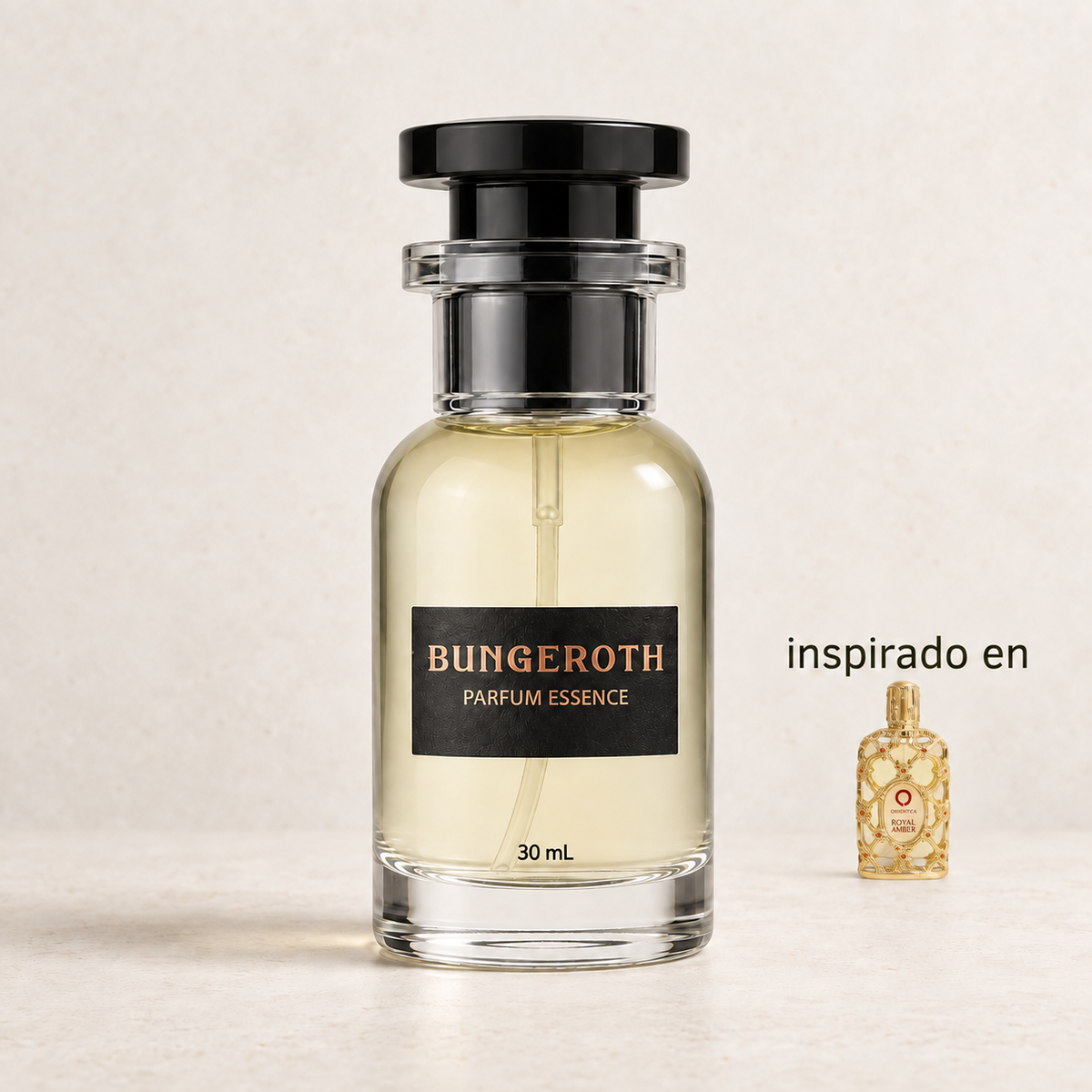 Ámbar Regio(Inspirado en Orientica Royal Amber Unisex) — envase Bungeroth 30 mL sobre piedra clara