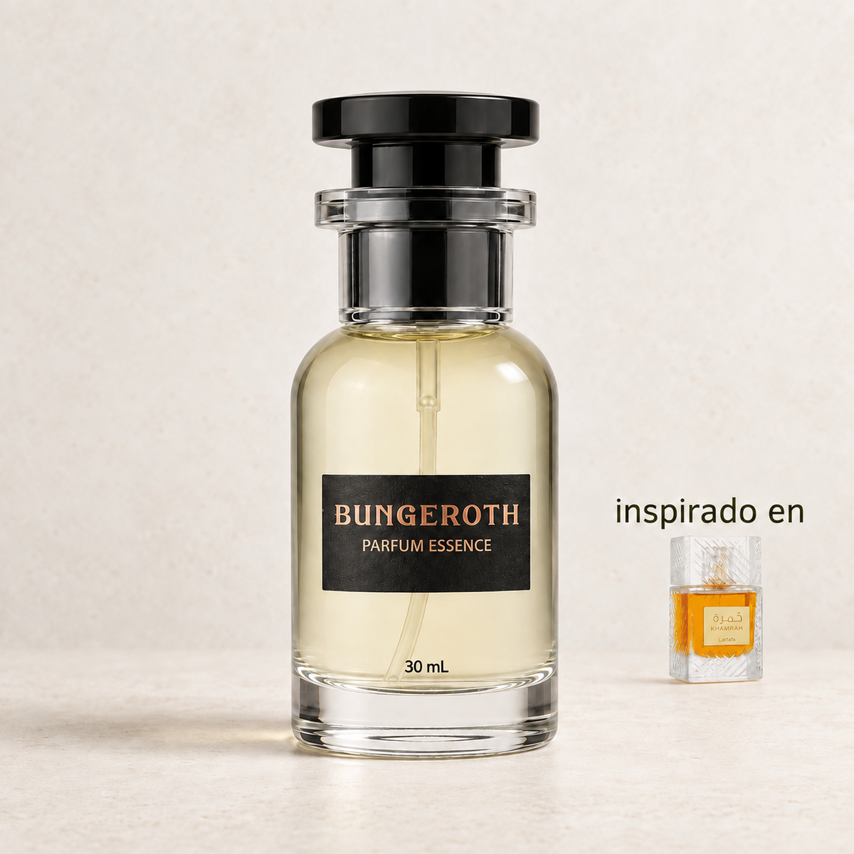 Amber Soul (Inspirado en Khamrah de Lattafa) — envase Bungeroth 30 mL sobre piedra clara