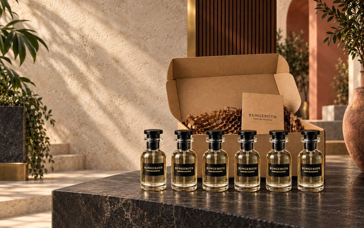Pack Bungeroth: seis perfumes de 30 mL y caja en un espacio de piedra natural y madera