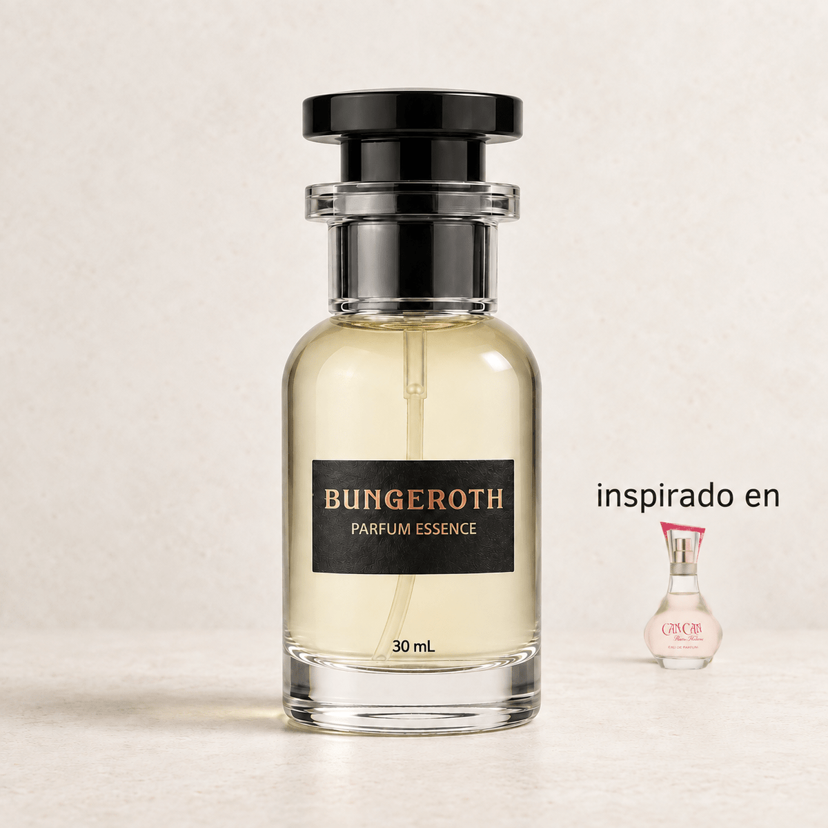 Cabaret Chic(Inspirado en Paris Hilton Can Can Dama) — envase Bungeroth 30 mL sobre piedra clara