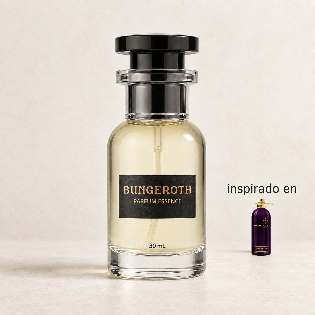 Café Profundo(Inspirado en Montale Intense Café Unisex) — envase Bungeroth 30 mL sobre piedra clara