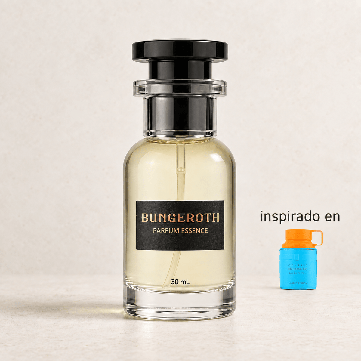 Citrus Flame(Inspirado en odyssey mandarin sky men) — envase Bungeroth 30 mL sobre piedra clara