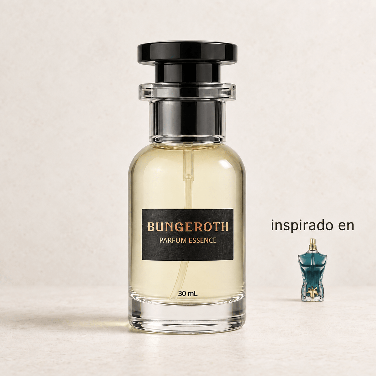 Coco Élite (Inspirado en Le Beau – Jean Paul Gaultier hombre) — envase Bungeroth 30 mL sobre piedra clara