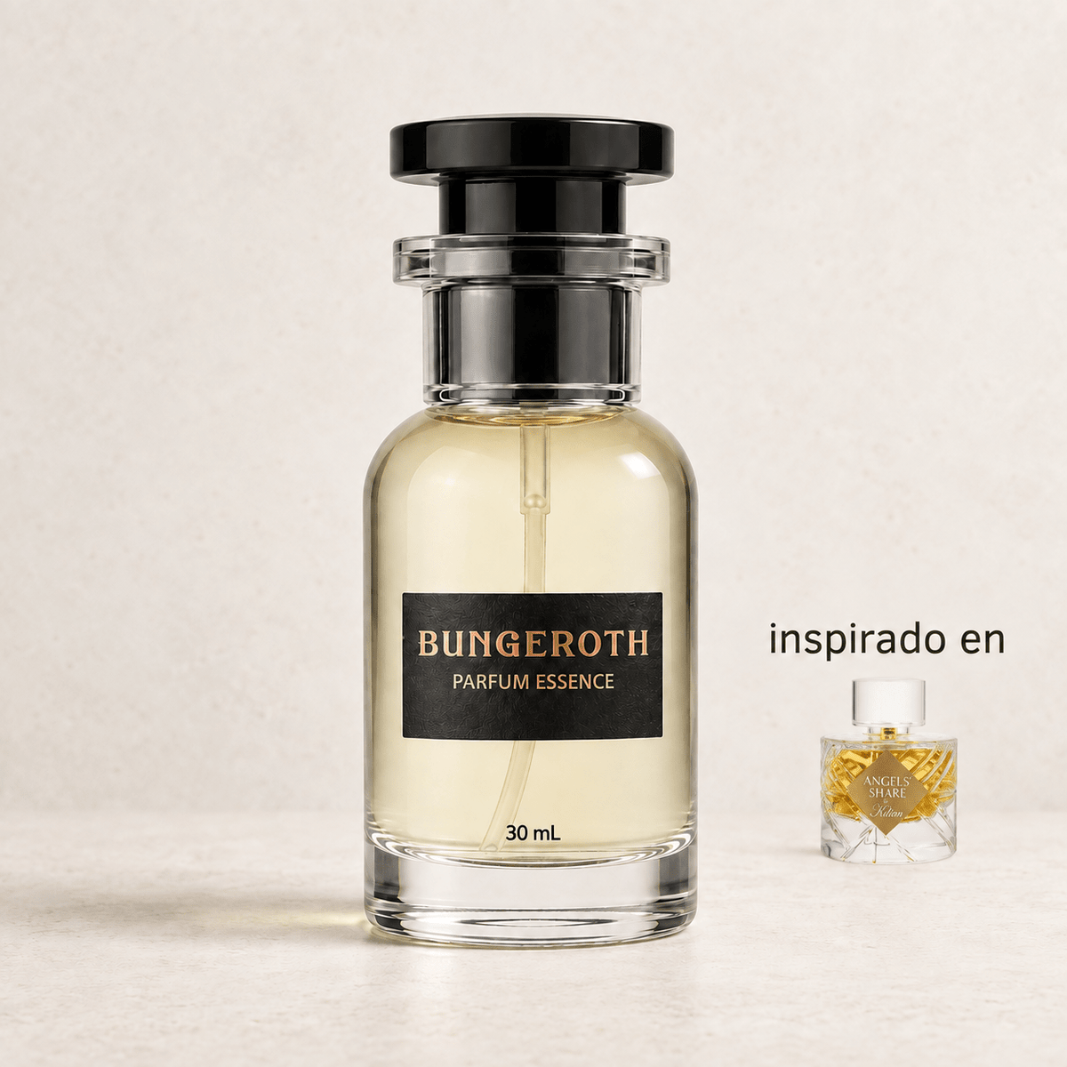 Cuota Celestia(Inspirado en Kilian Angel's Share Unisex) — envase Bungeroth 30 mL sobre piedra clara