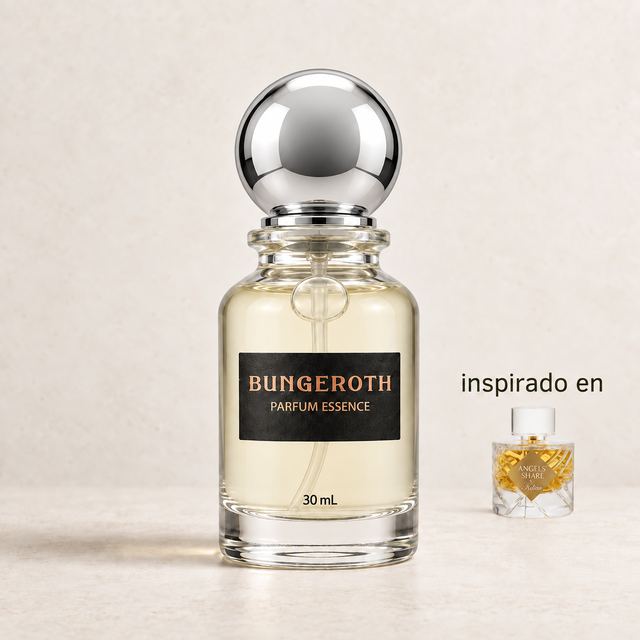 Cuota Celestia(Inspirado en Kilian Angel's Share Unisex) — envase Bungeroth 30 mL sobre piedra clara