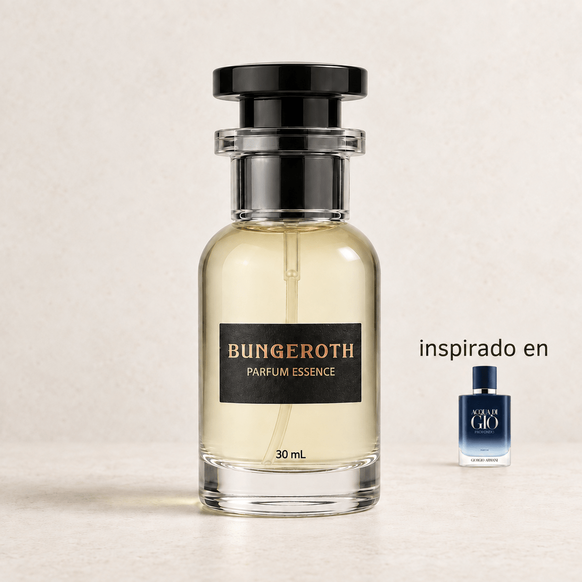 Deep Azure (inspirado en Acqua di Giò Profondo men) — envase Bungeroth 30 mL sobre piedra clara