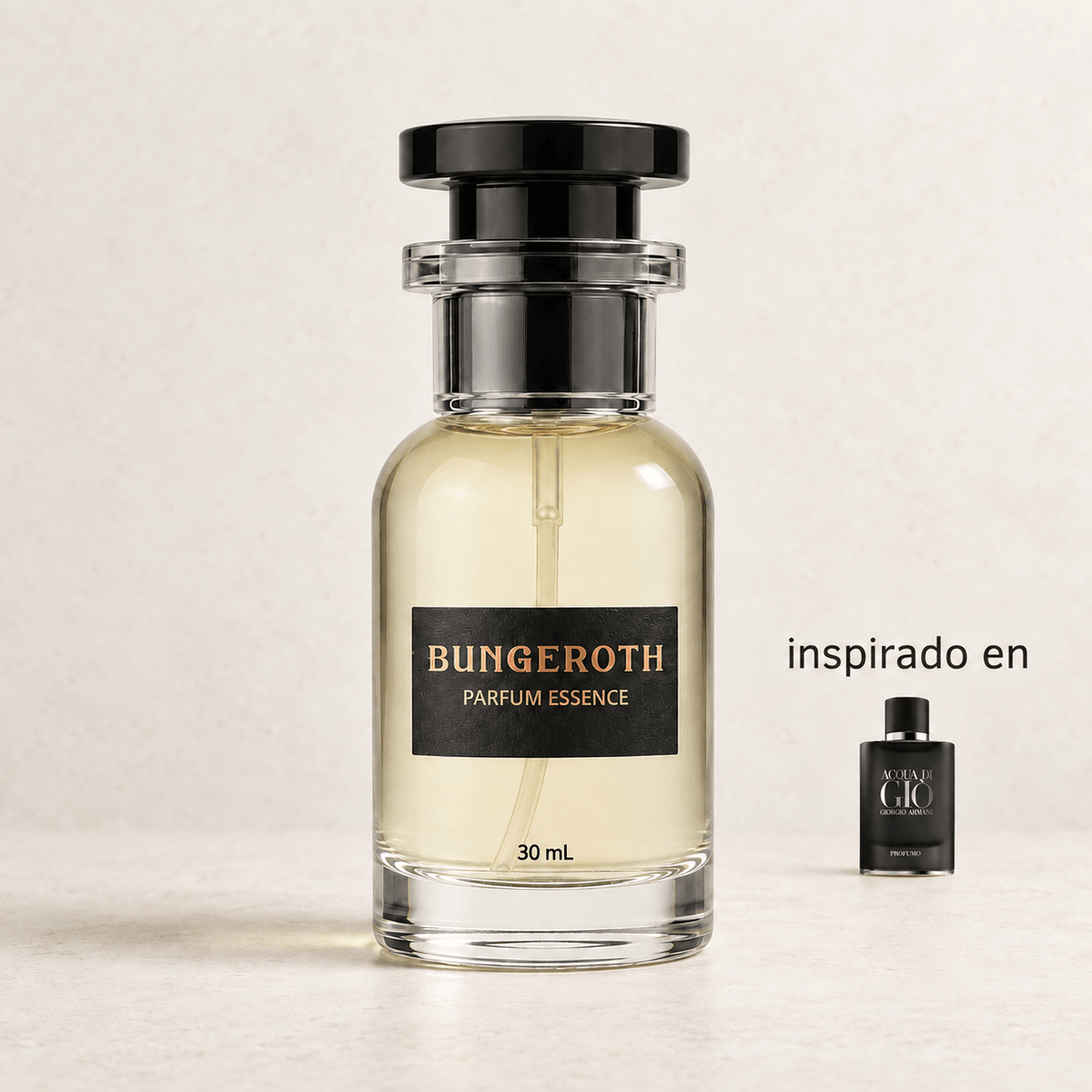 Deep Marine (Inspirado en Acqua di Gio Profumo men) — envase Bungeroth 30 mL sobre piedra clara