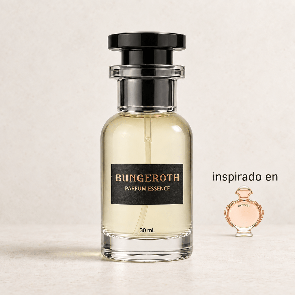 Diosa Moderna(Inspirado en Olympea Paco Rabanne Dama) — envase Bungeroth 30 mL sobre piedra clara