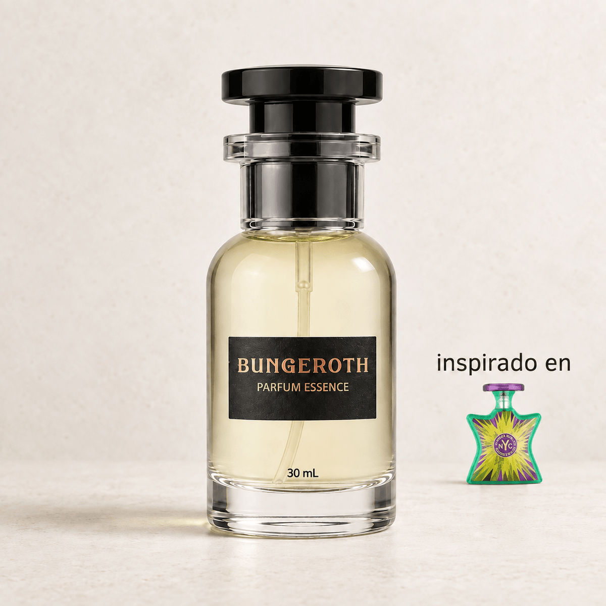 Distrito 9(Inspirado en Bond No. 9 Bleecker Street Unisex) — envase Bungeroth 30 mL sobre piedra clara