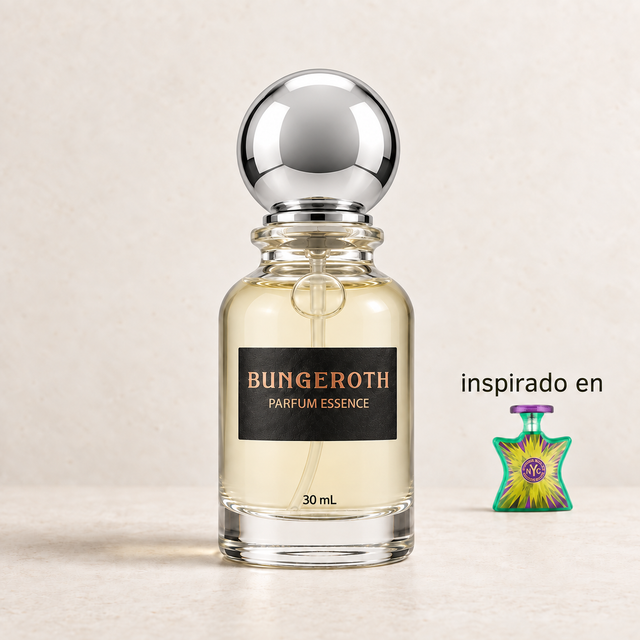 Distrito 9(Inspirado en Bond No. 9 Bleecker Street Unisex) — envase Bungeroth 30 mL sobre piedra clara