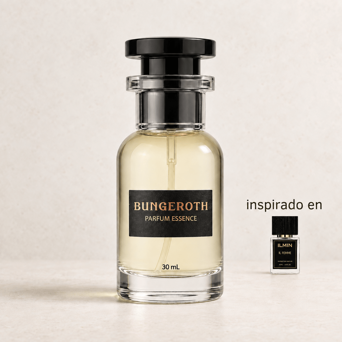 Dorado Shaheen(Inspirado en Ilmin Il Femme Unisex) — envase Bungeroth 30 mL sobre piedra clara
