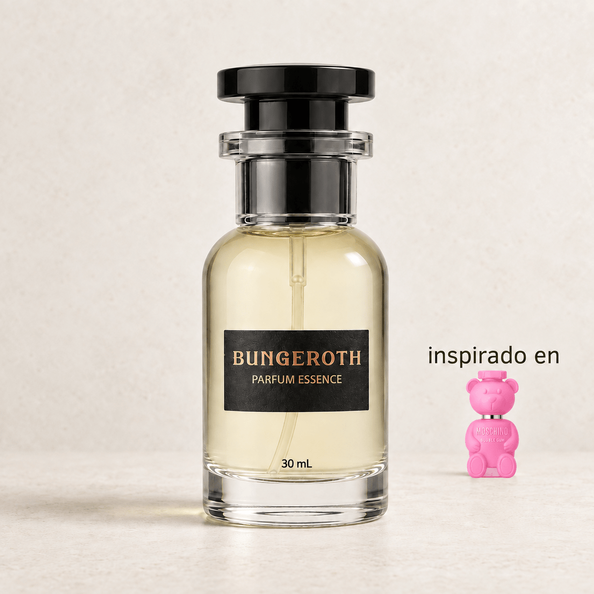 Dulce Capricho(Inspirado en Moschino Toy 2 Bubble Gum Dama) — envase Bungeroth 30 mL sobre piedra clara