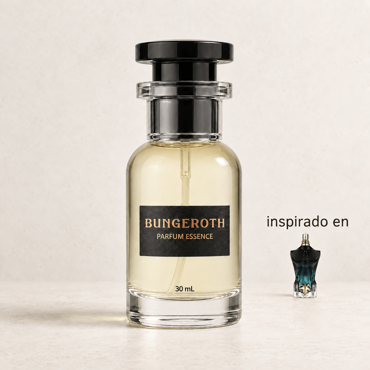 Edén Prohibido – Caballero (Inspirado en Jean Paul Le Beau Le Parfum) — envase Bungeroth 30 mL sobre piedra clara