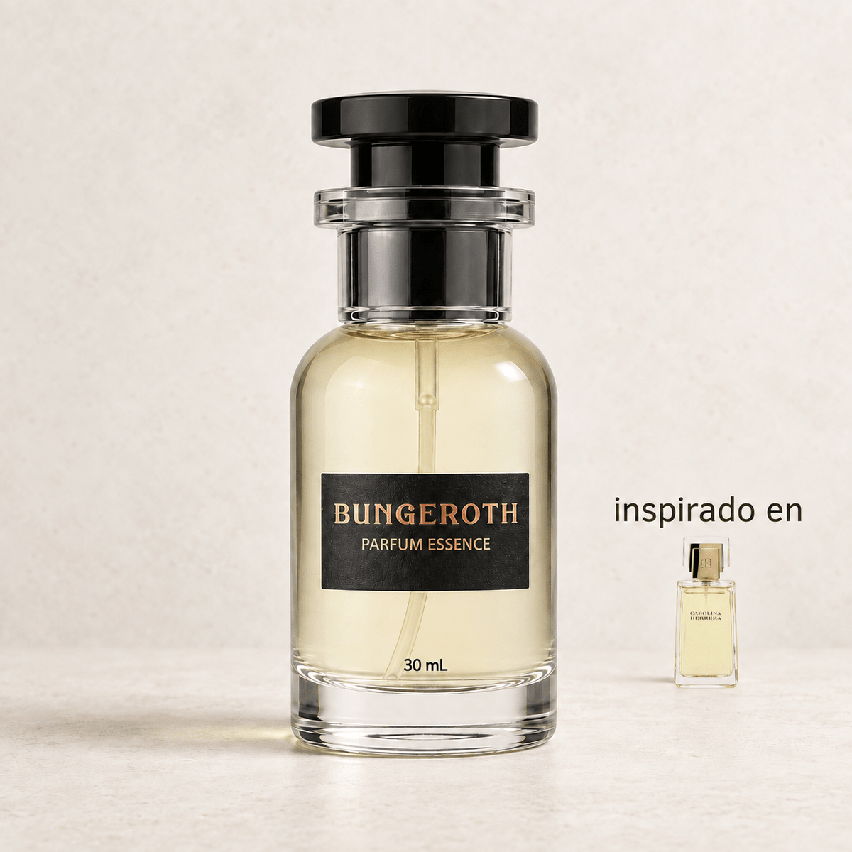 Elegancia Distinta(Inspirado en CH Carolina Herrera Dama) — envase Bungeroth 30 mL sobre piedra clara