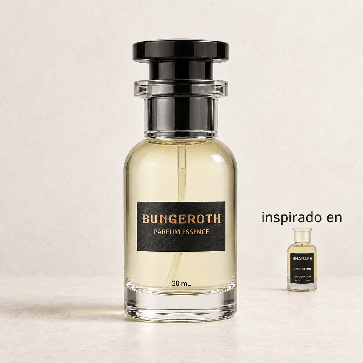 Elegancia Exclusiva(Inspirado en Bharara Niche femme Dama) — envase Bungeroth 30 mL sobre piedra clara