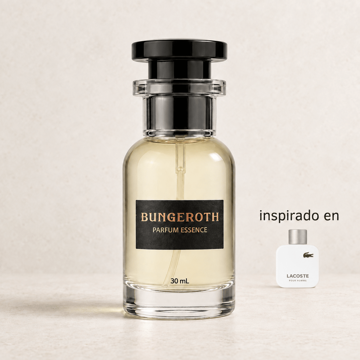 Elegancia Pura(Inspirado Lacoste Blanca men) — envase Bungeroth 30 mL sobre piedra clara