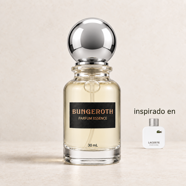 Elegancia Pura(Inspirado Lacoste Blanca men) — envase Bungeroth 30 mL sobre piedra clara