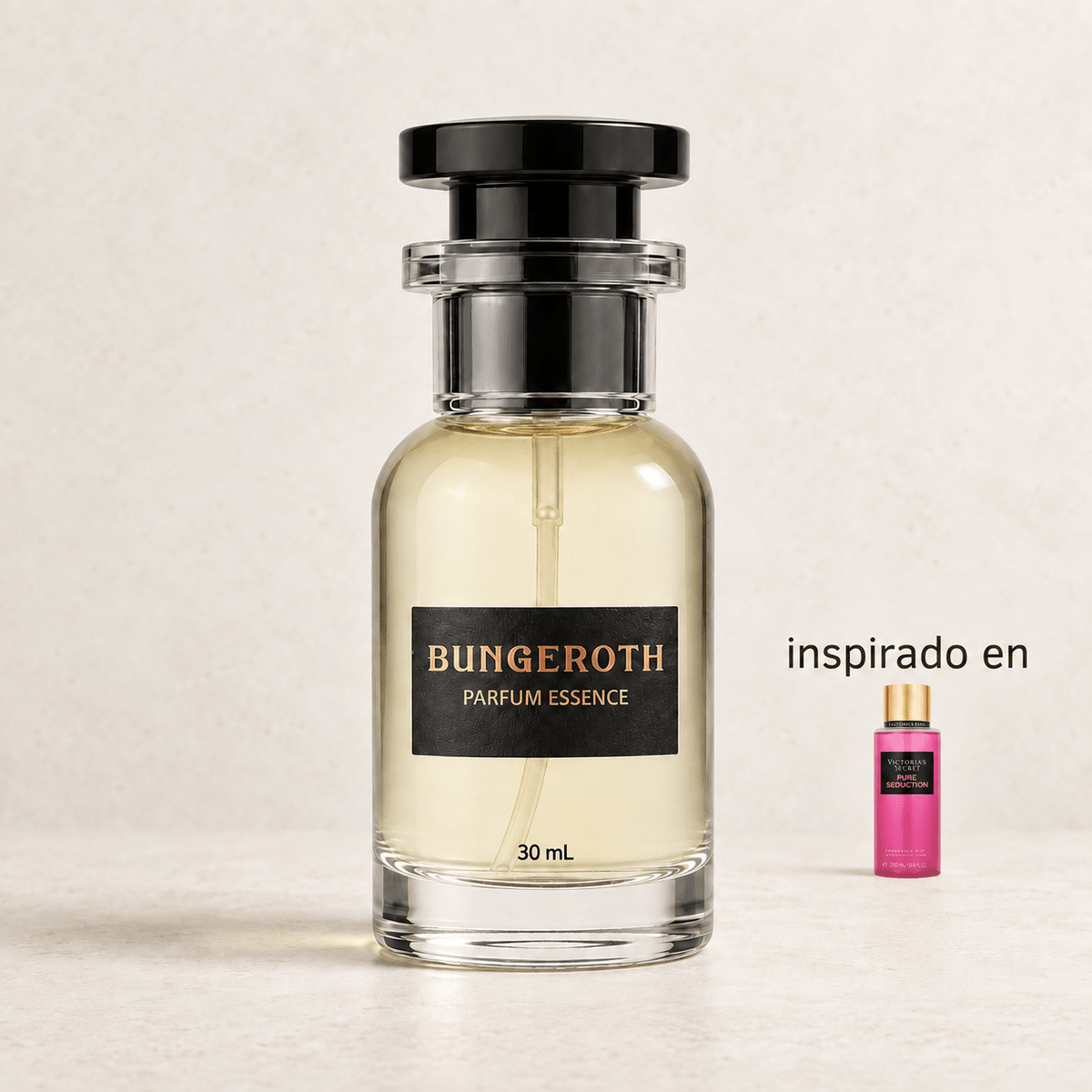 Encanto Puro(Inspirado en Victoria Secret Pure Seducción Dama) — envase Bungeroth 30 mL sobre piedra clara