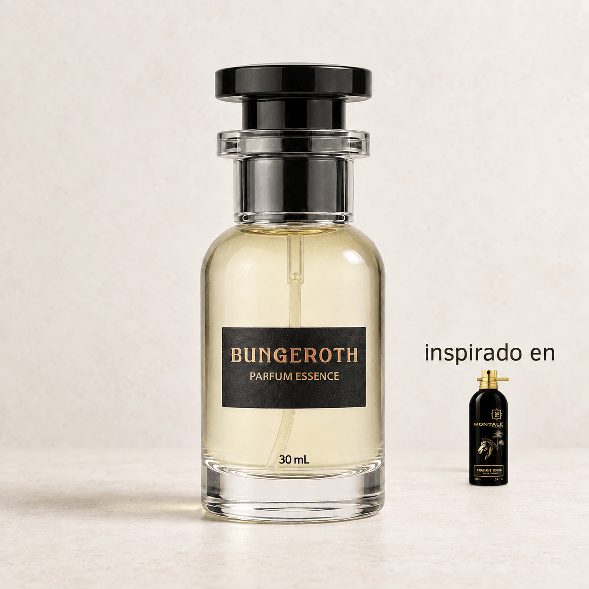 Esencia Árabe(Inspirado en Montale Arabians Tonka Unisex) — envase Bungeroth 30 mL sobre piedra clara