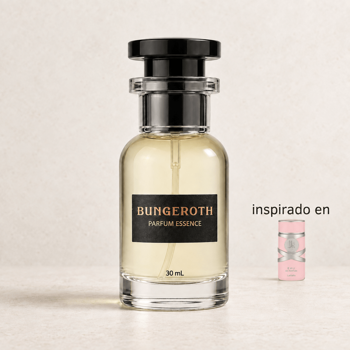 Esencia de Oriente(Inspirado en Lattafa Yara Dama) — envase Bungeroth 30 mL sobre piedra clara
