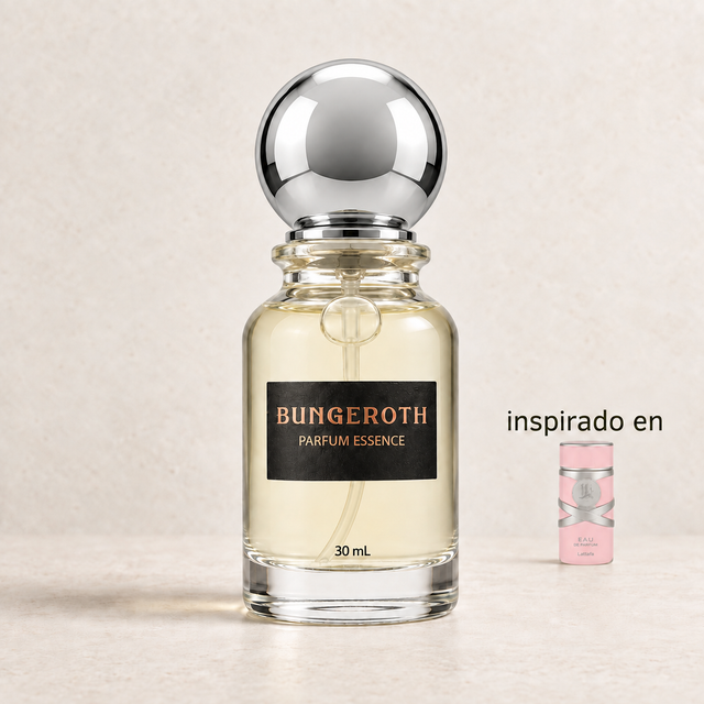 Esencia de Oriente(Inspirado en Lattafa Yara Dama) — envase Bungeroth 30 mL sobre piedra clara