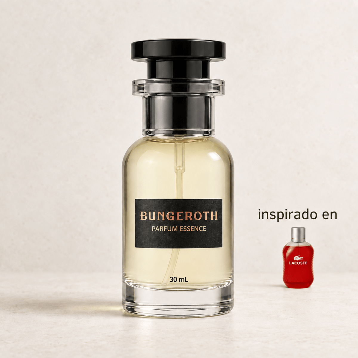 Espíritu Carmesí (Inspirado en Lacoste Red men) — envase Bungeroth 30 mL sobre piedra clara