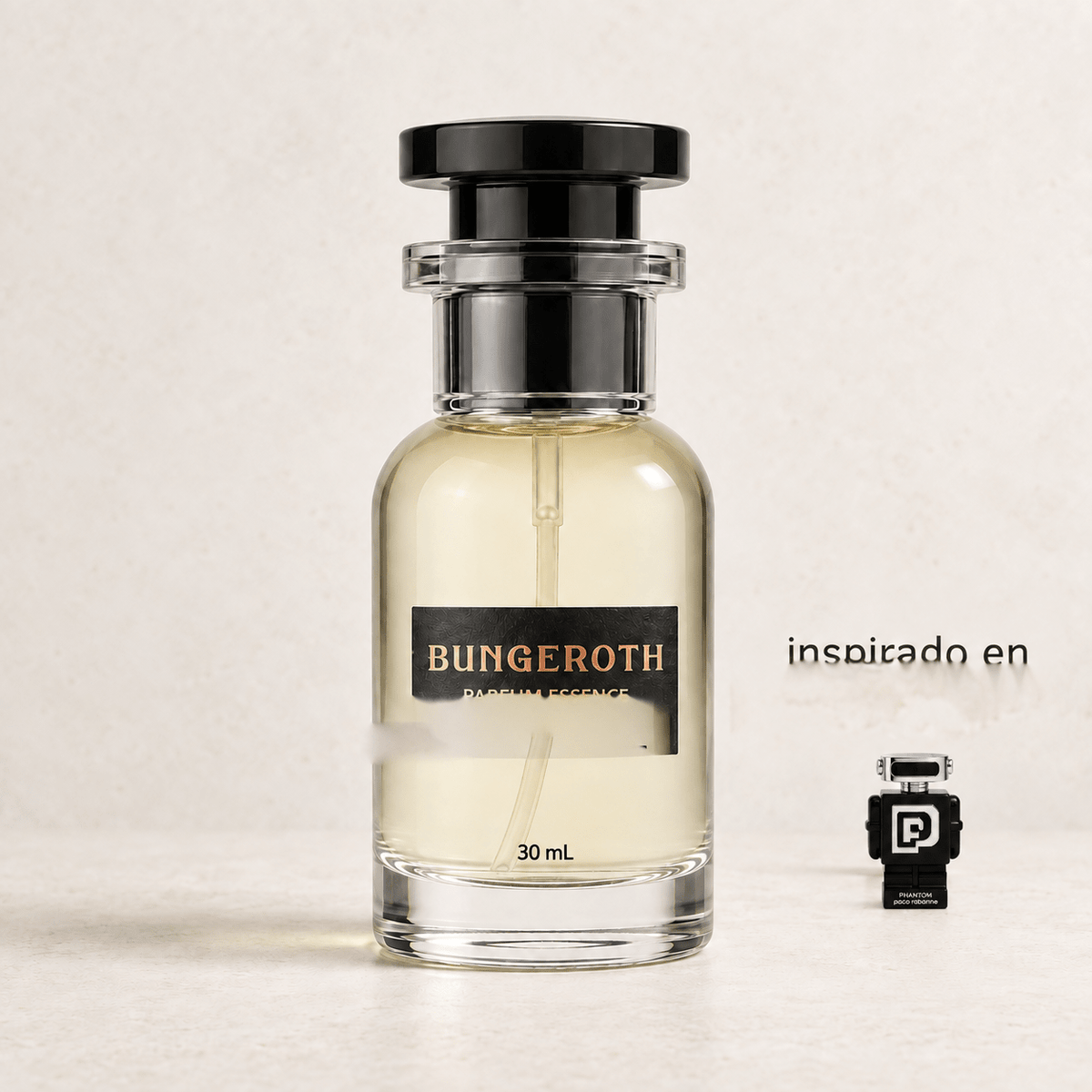 Espíritu Futurista(Inspirado Paco Rabanne Phantom Men) — envase Bungeroth 30 mL sobre piedra clara