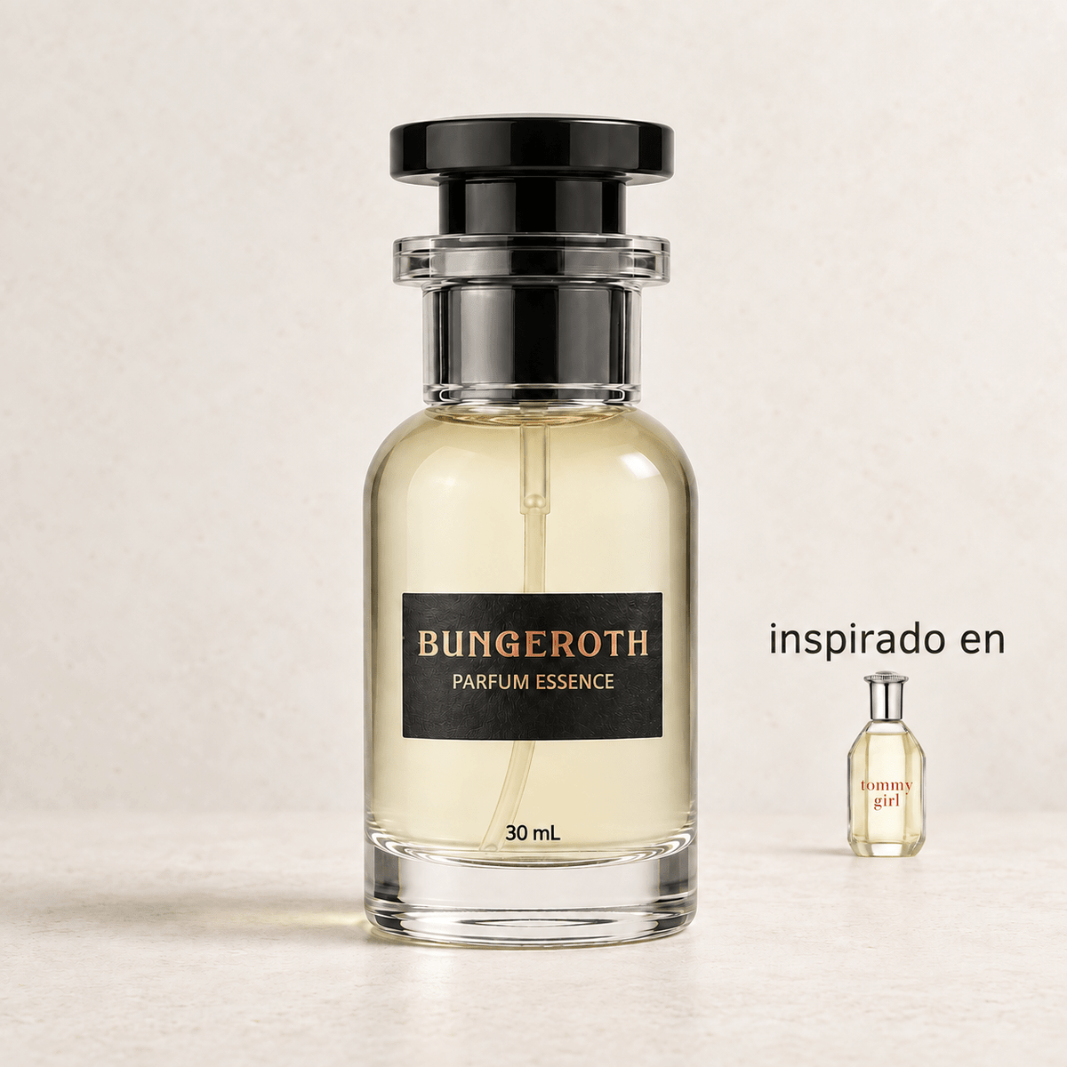 Espíritu Joven(Inspirado en Tommy Girl Dama) — envase Bungeroth 30 mL sobre piedra clara
