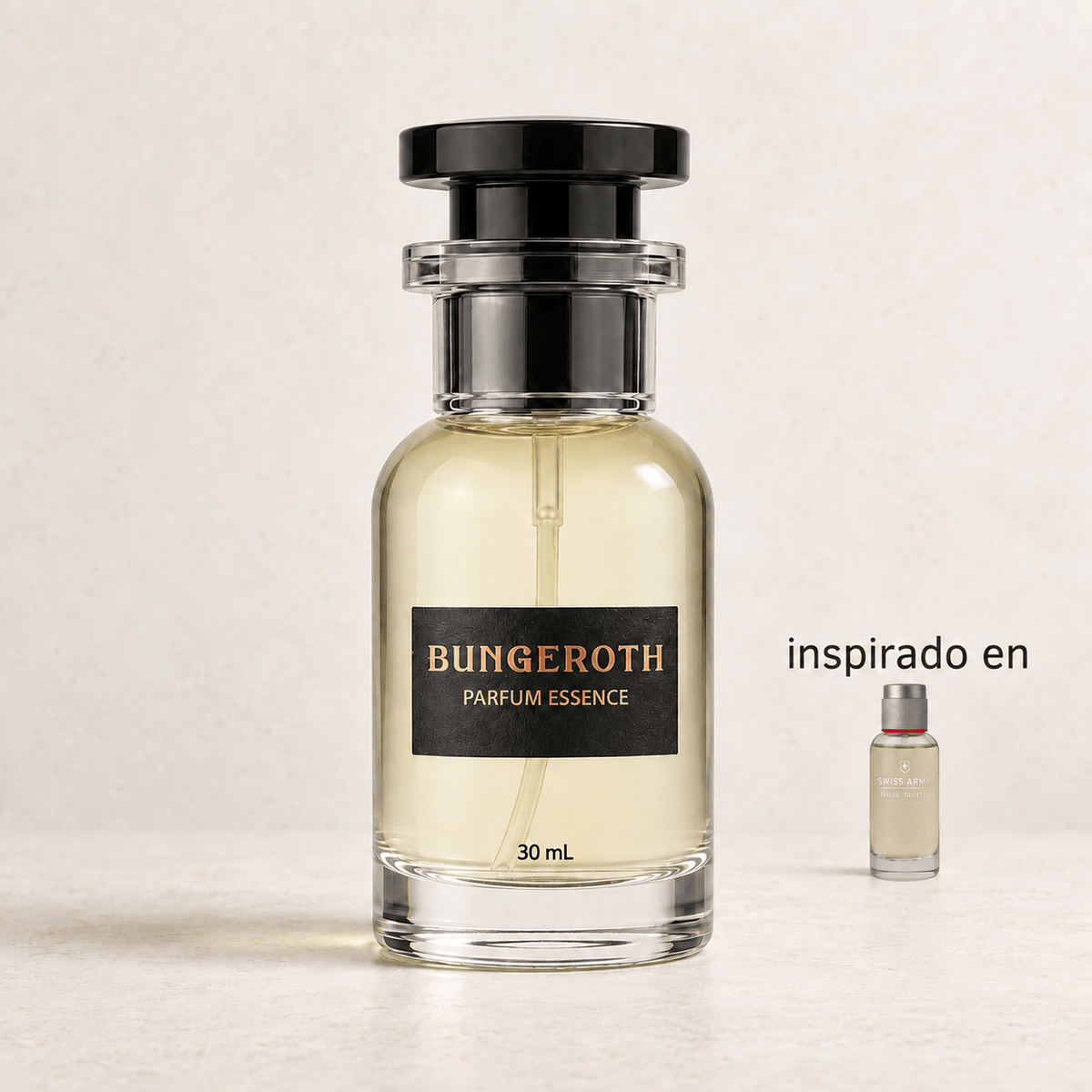 Espíritu Suizo (Inspirado Swiss Army men) — envase Bungeroth 30 mL sobre piedra clara