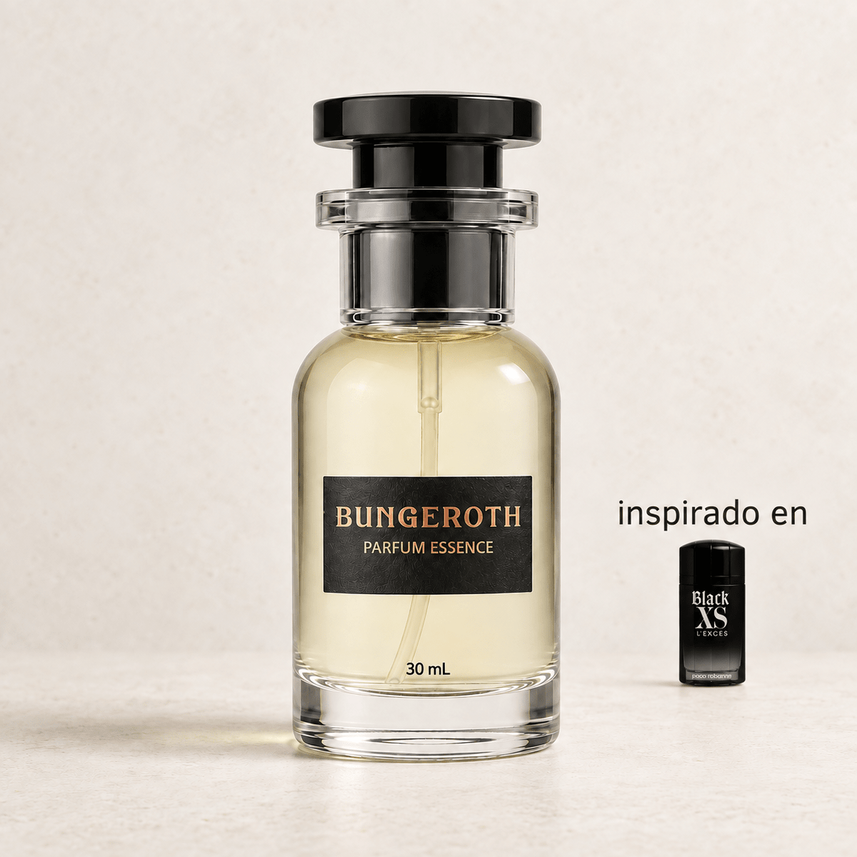 Exceso Rebeld(Inspirado en Paco Rabanne Black XS L'Exces Men) — envase Bungeroth 30 mL sobre piedra clara