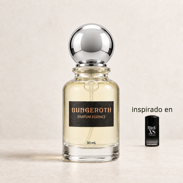Exceso Rebeld(Inspirado en Paco Rabanne Black XS L'Exces Men) — envase Bungeroth 30 mL sobre piedra clara