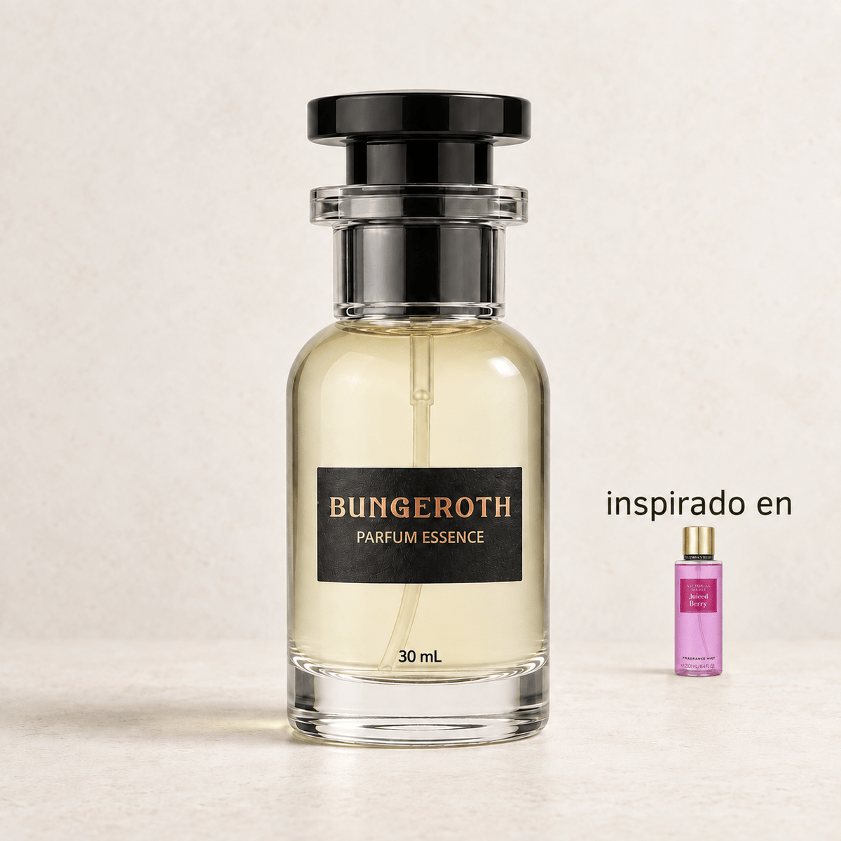 Explosión de Bayas(Inspirado en Victoria Secret Juiced Berry Dama) — envase Bungeroth 30 mL sobre piedra clara
