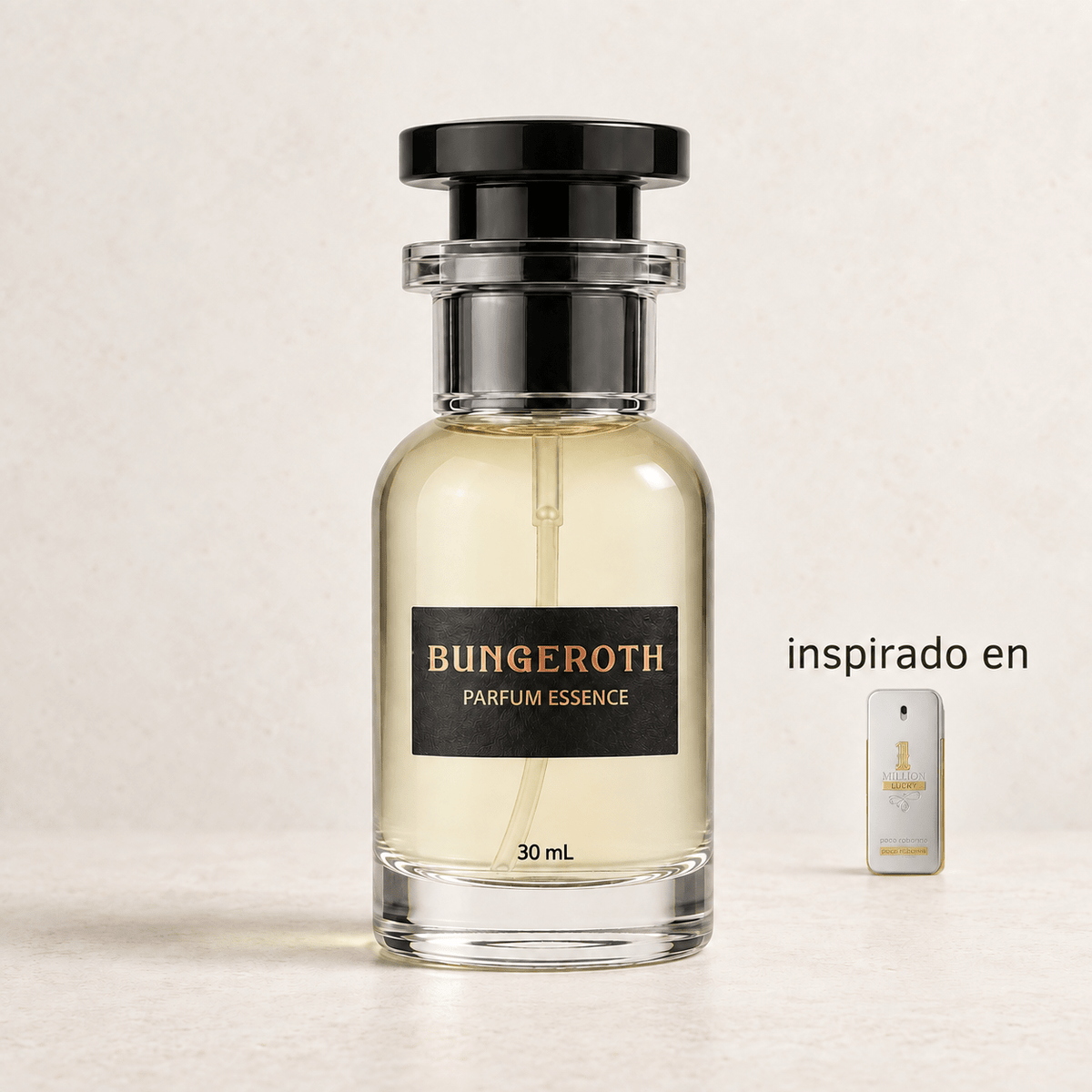 Fortuna Dorada(Inspirado One Million Lucky men) — envase Bungeroth 30 mL sobre piedra clara