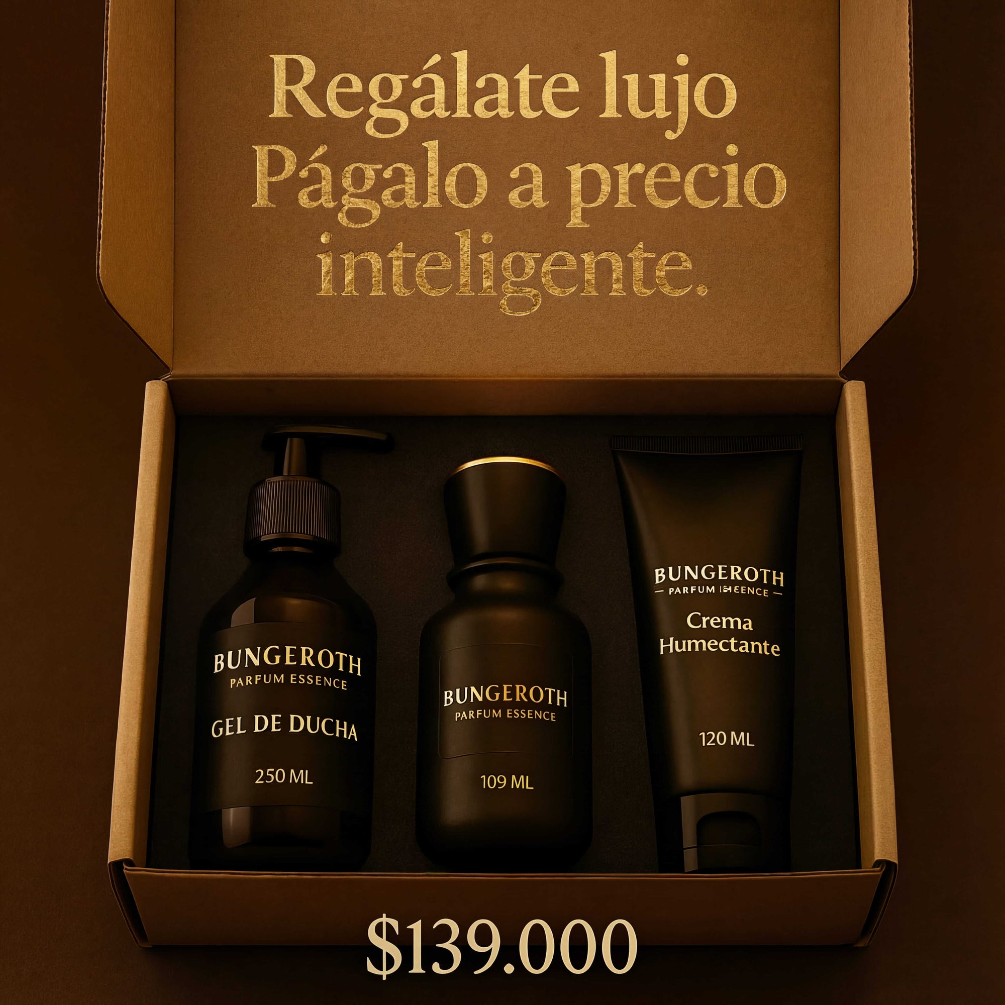 Lujo accesible: perfume, crema y gel de ducha en un solo pack.