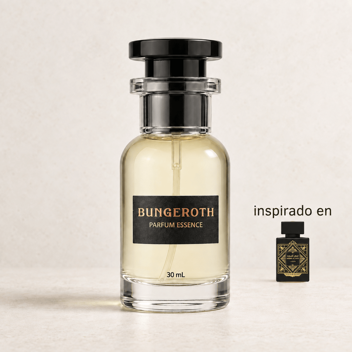 Gloria de Oud(Inspirado en Lattafa Oud for Glory Unisex) — envase Bungeroth 30 mL sobre piedra clara