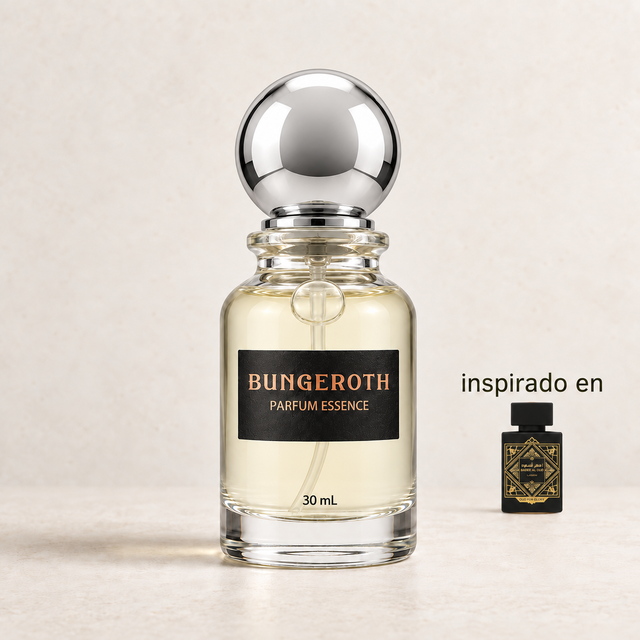 Gloria de Oud(Inspirado en Lattafa Oud for Glory Unisex) — envase Bungeroth 30 mL sobre piedra clara