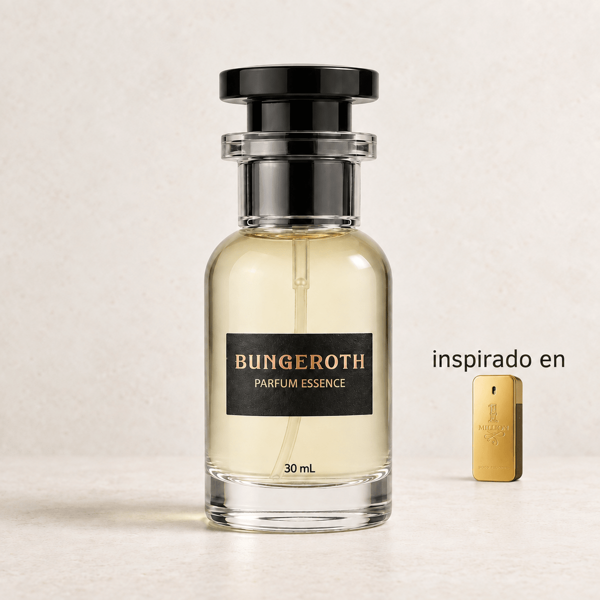Gold Monarch (Inspirado en One Million men de paco rabanne) — envase Bungeroth 30 mL sobre piedra clara