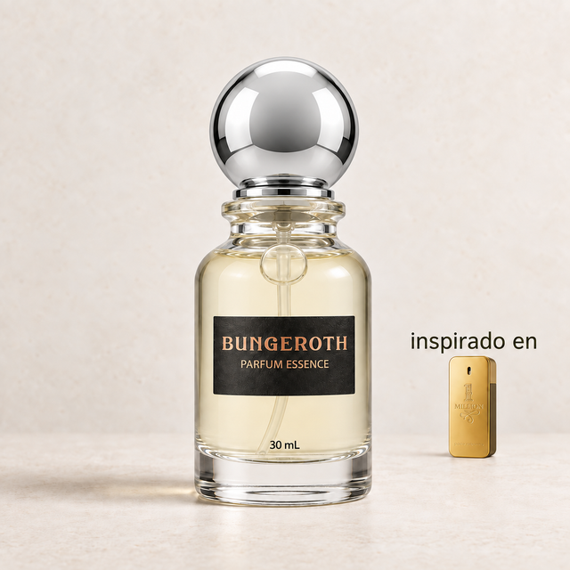 Gold Monarch (Inspirado en One Million men de paco rabanne) — envase Bungeroth 30 mL sobre piedra clara