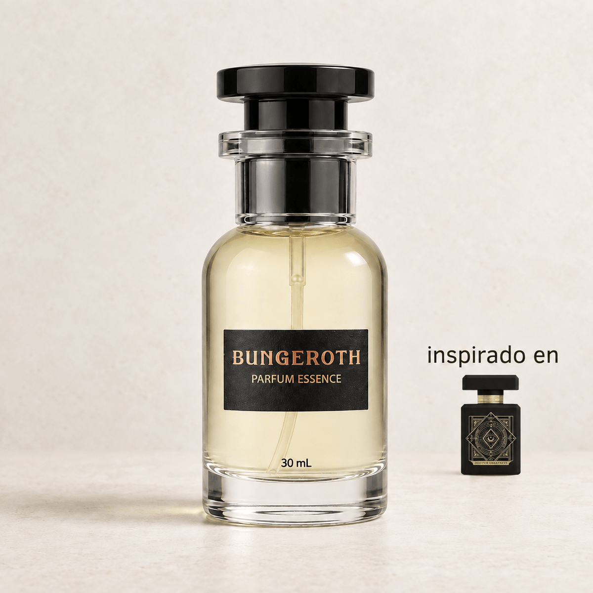 Grandeza de Oud(Inspirado en Oud for Greatness Initio Unisex) — envase Bungeroth 30 mL sobre piedra clara