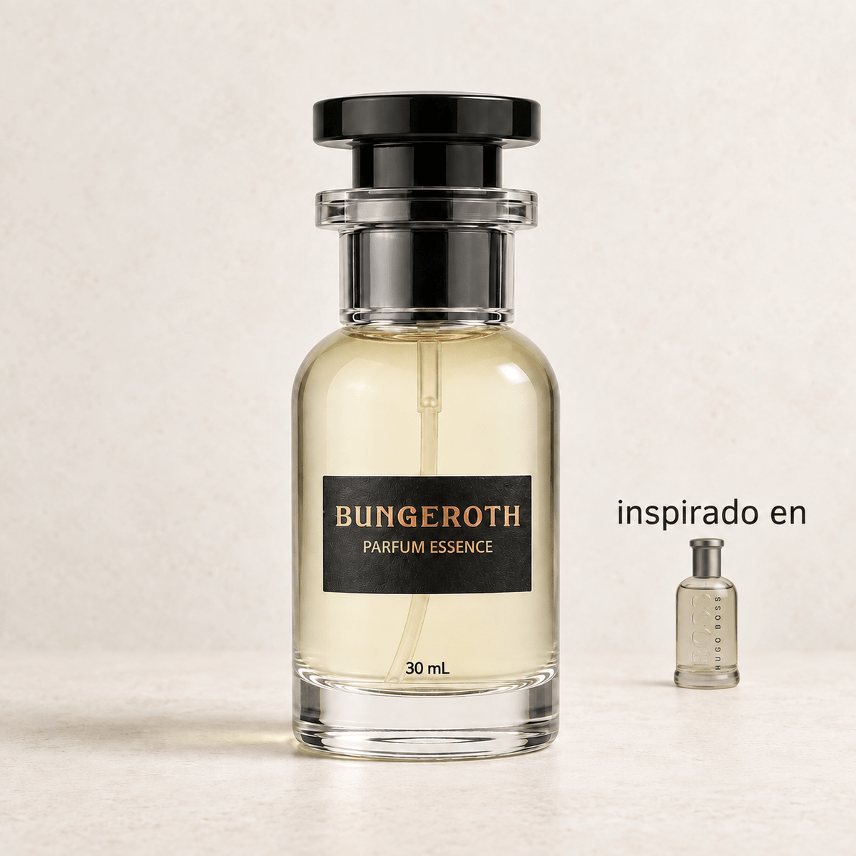Gris Elegancia(Inspirado en Hugo Boss Gris Men) — envase Bungeroth 30 mL sobre piedra clara