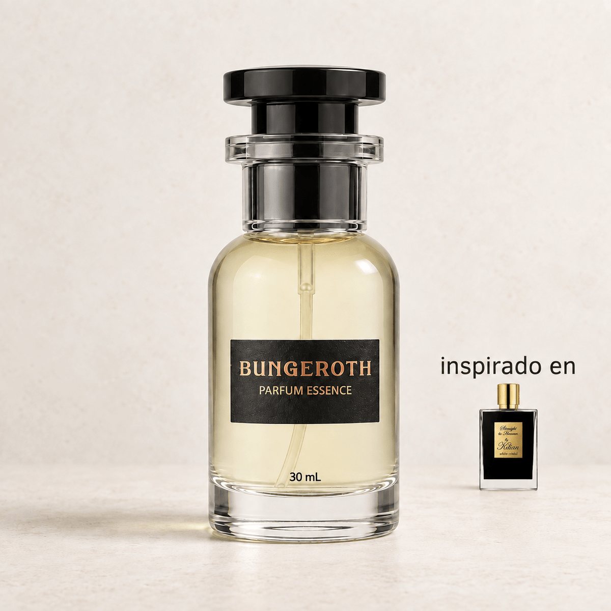 Heaven Wood (Inspirado en Straight to Heaven by Kilian) — envase Bungeroth 30 mL sobre piedra clara