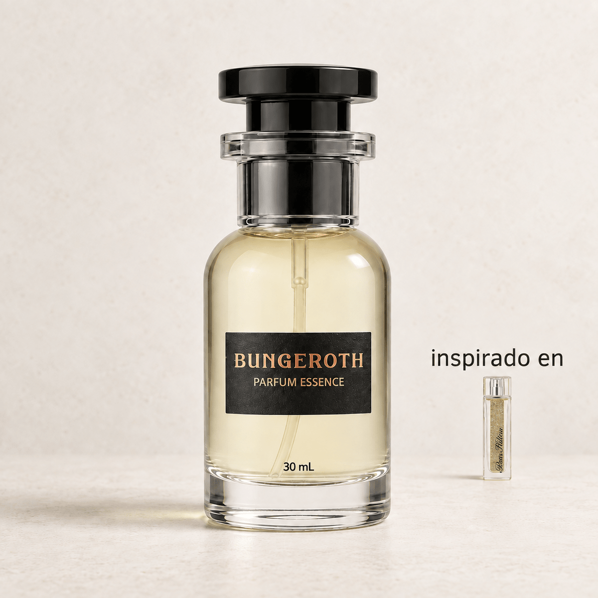 Herencia de Glamour(Inspirado en Paris Hilton Heiress Dama) — envase Bungeroth 30 mL sobre piedra clara