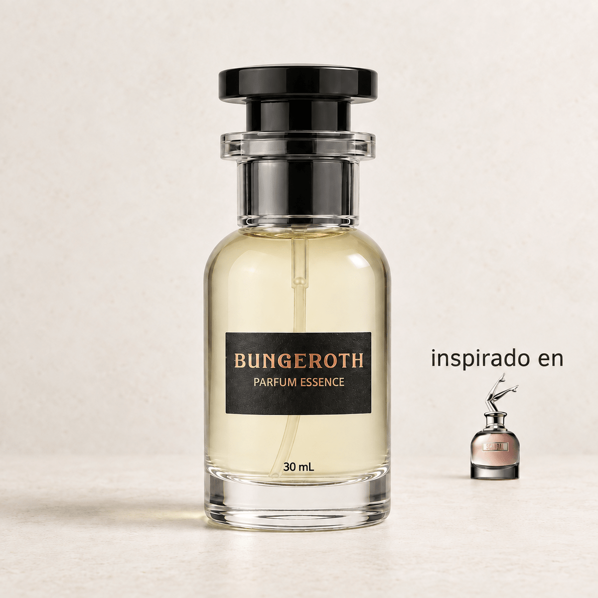 Honey Bloom(Inspirado en jean paul gaultier scandal dama) — envase Bungeroth 30 mL sobre piedra clara
