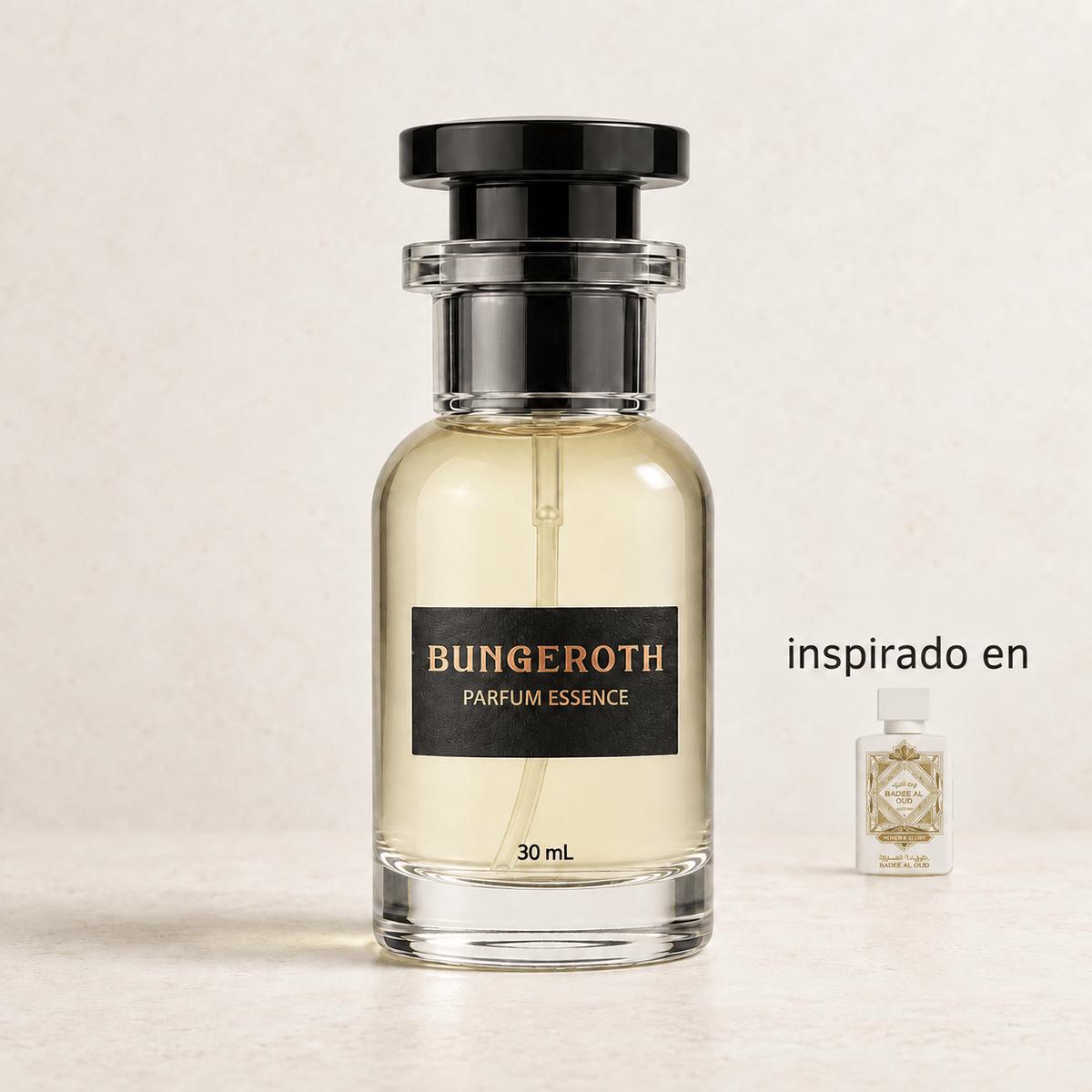 Honor y Gloria(Inspirado en lattafa badee al oud honor y glory unisex) — envase Bungeroth 30 mL sobre piedra clara