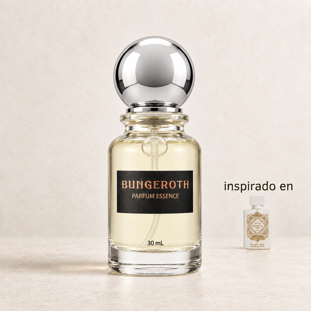Honor y Gloria(Inspirado en lattafa badee al oud honor y glory unisex) — envase Bungeroth 30 mL sobre piedra clara